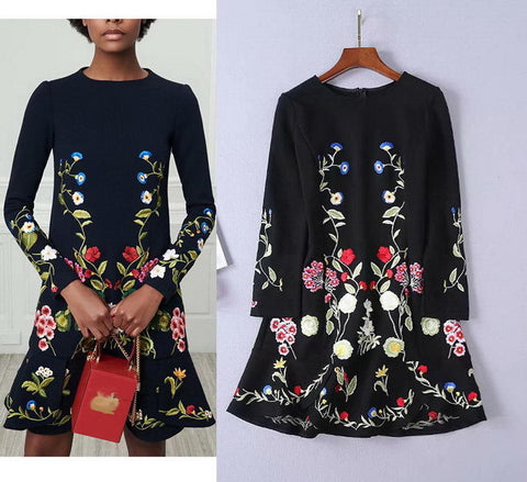 Black Embroidery Floral Cropped Furcal Dress Runway Occident Party Dresses