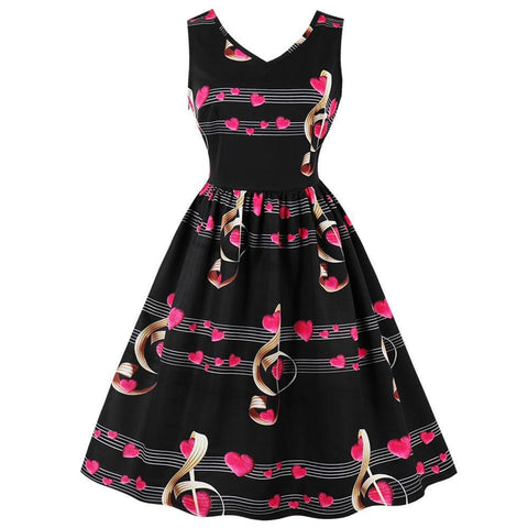 Plus Size Women A Line Retro Vintage Dress Heart Logo Musical Notes Print Summer