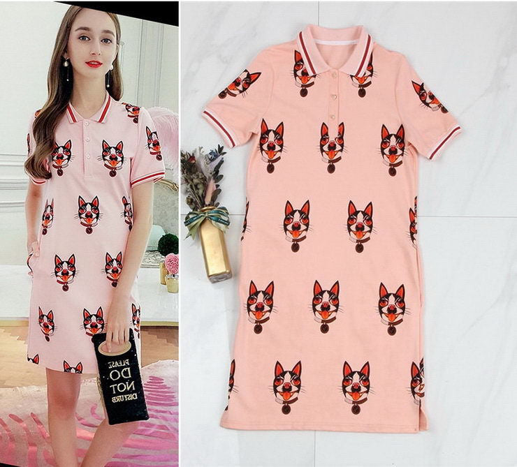 Comfortable Pink Dog Print Button Collar Pockets Dress Runway Occident Dresses