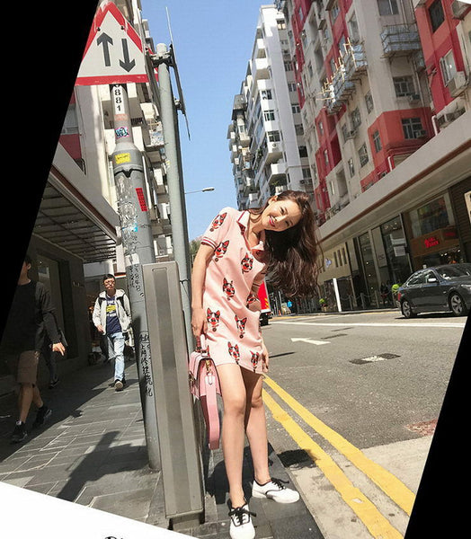 Comfortable Pink Dog Print Button Collar Pockets Dress Runway Occident Dresses