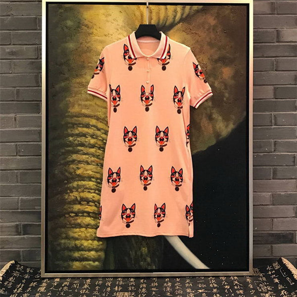 Comfortable Pink Dog Print Button Collar Pockets Dress Runway Occident Dresses