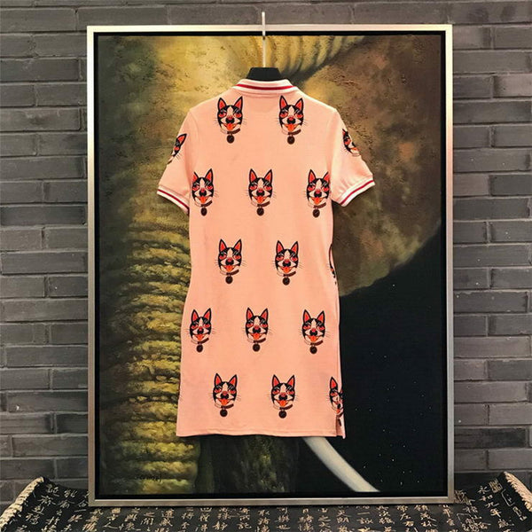 Comfortable Pink Dog Print Button Collar Pockets Dress Runway Occident Dresses