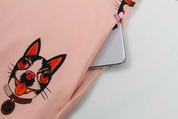Comfortable Pink Dog Print Button Collar Pockets Dress Runway Occident Dresses
