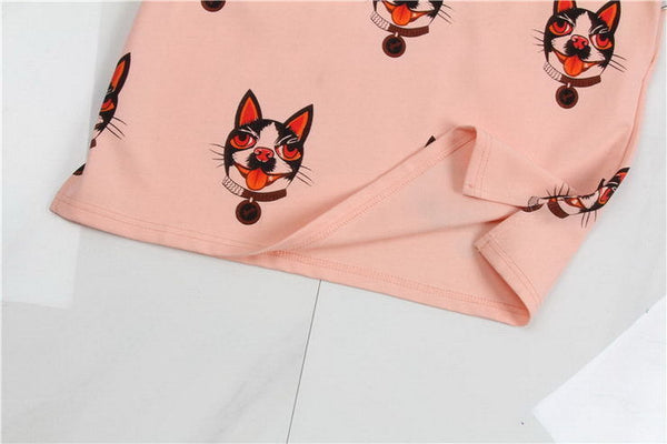 Comfortable Pink Dog Print Button Collar Pockets Dress Runway Occident Dresses