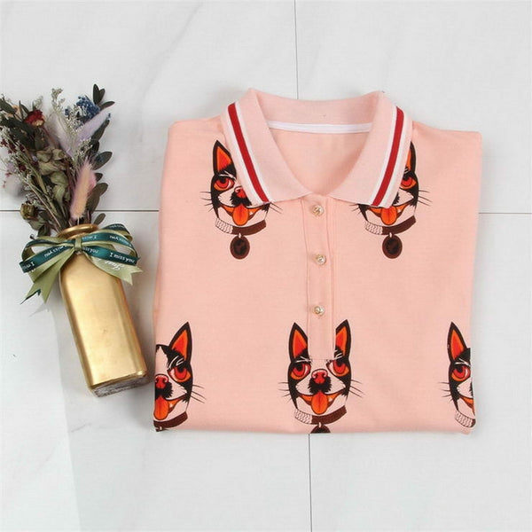 Comfortable Pink Dog Print Button Collar Pockets Dress Runway Occident Dresses