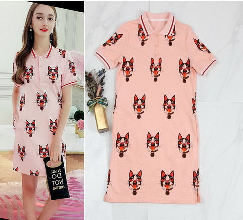 Comfortable Pink Dog Print Button Collar Pockets Dress Runway Occident Dresses