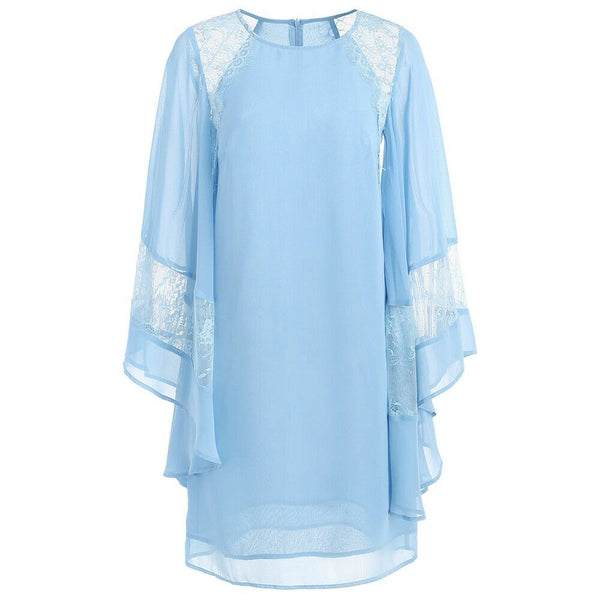 Solid Blue Cool Fit Flare Bell Long Bat Wing sleeve Sleeves Lace Embedded Dress