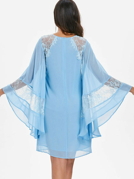 Solid Blue Cool Fit Flare Bell Long Bat Wing sleeve Sleeves Lace Embedded Dress