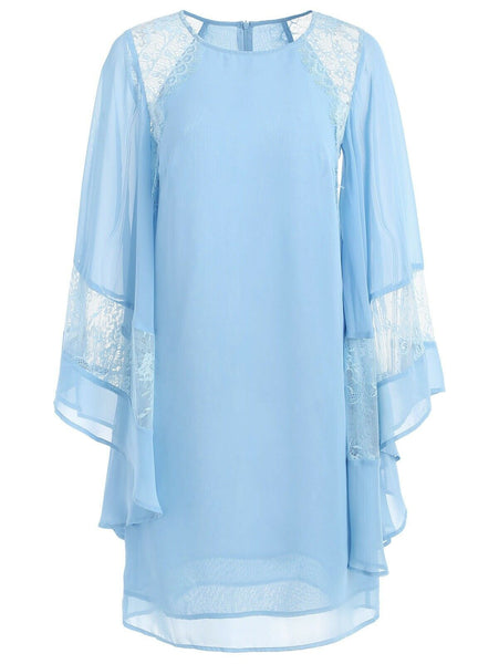 Solid Blue Cool Fit Flare Bell Long Bat Wing sleeve Sleeves Lace Embedded Dress
