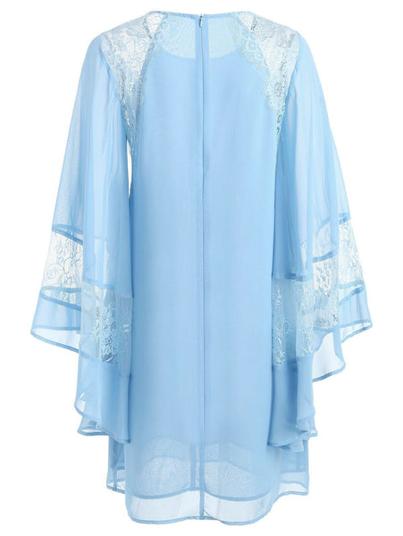 Solid Blue Cool Fit Flare Bell Long Bat Wing sleeve Sleeves Lace Embedded Dress