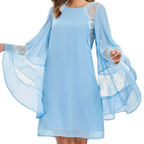 Solid Blue Cool Fit Flare Bell Long Bat Wing sleeve Sleeves Lace Embedded Dress