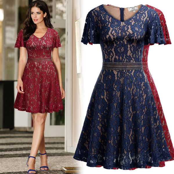 Women Slim Floral Lace Aline Dress with Bell Sleeve for Homecoming Formal Prom