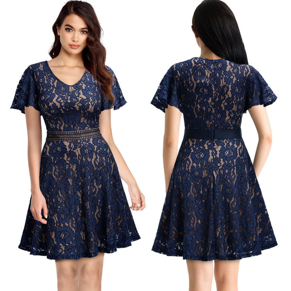 Women Slim Floral Lace Aline Dress with Bell Sleeve for Homecoming Formal Prom
