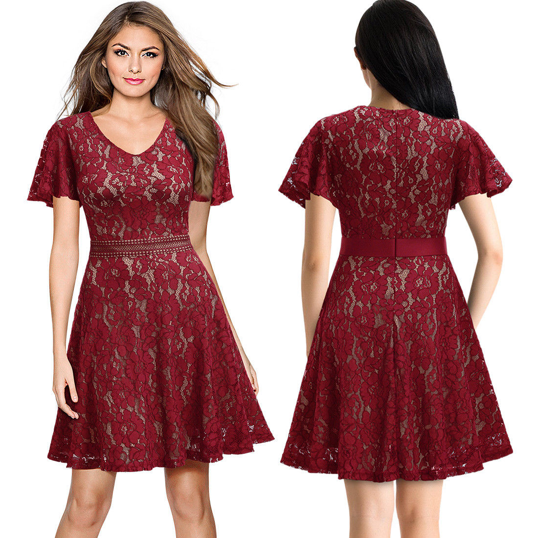 Women Slim Floral Lace Aline Dress with Bell Sleeve for Homecoming Formal Prom