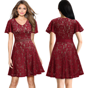 Women Slim Floral Lace Aline Dress with Bell Sleeve for Homecoming Formal Prom