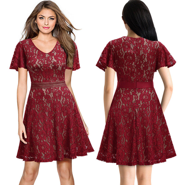 Women Slim Floral Lace Aline Dress with Bell Sleeve for Homecoming Formal Prom