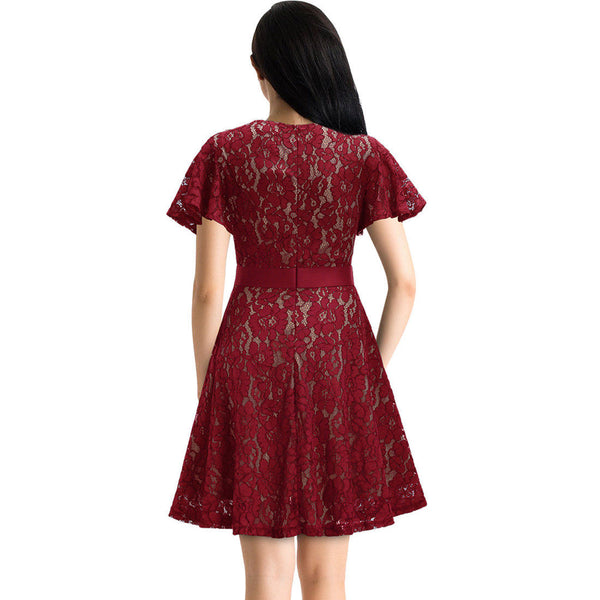 Women Slim Floral Lace Aline Dress with Bell Sleeve for Homecoming Formal Prom
