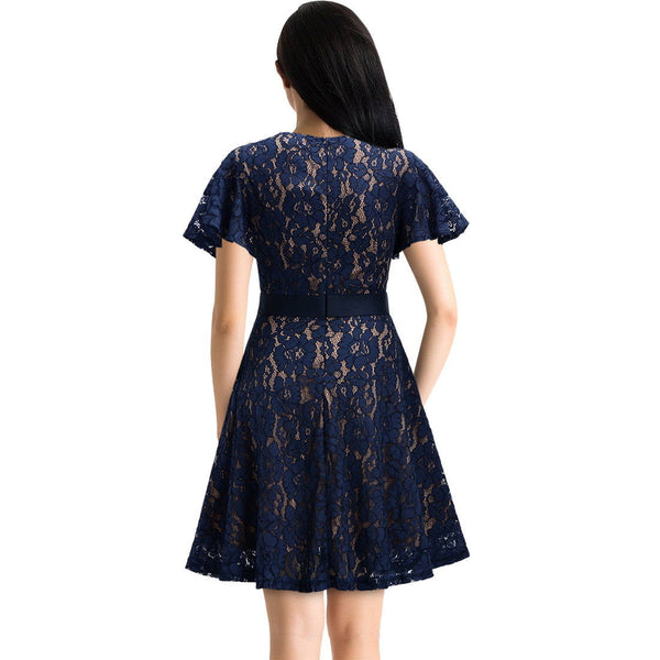 Women Slim Floral Lace Aline Dress with Bell Sleeve for Homecoming Formal Prom