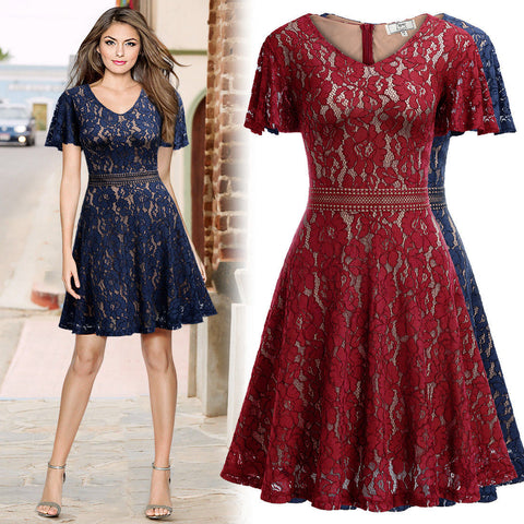 Women Slim Floral Lace Aline Dress with Bell Sleeve for Homecoming Formal Prom