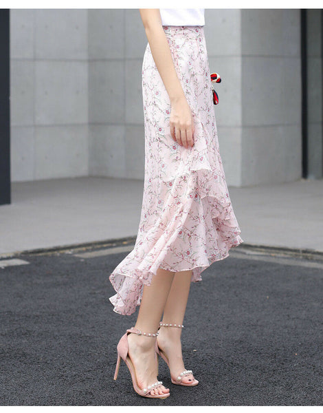 Elegant Summer Women Long Skirt Silk Coffin Ruffled Elastic Waist Irregular Hem