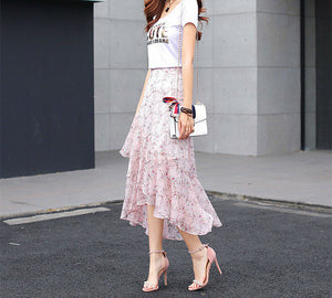 Elegant Summer Women Long Skirt Silk Coffin Ruffled Elastic Waist Irregular Hem