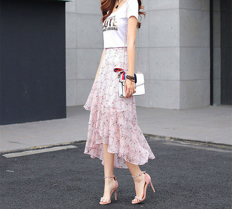 Elegant Summer Women Long Skirt Silk Coffin Ruffled Elastic Waist Irregular Hem