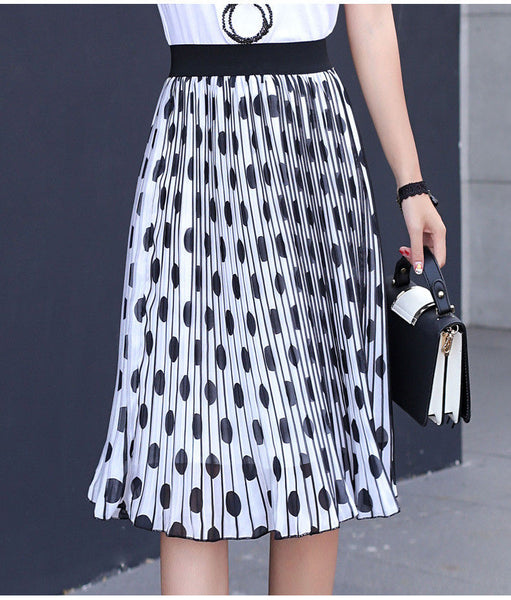 Billowing Hemline Pleated Chiffon Black Dot Elastic Waist Striped ALine OL Skirt