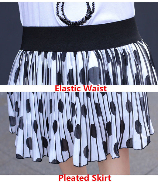 Billowing Hemline Pleated Chiffon Black Dot Elastic Waist Striped ALine OL Skirt
