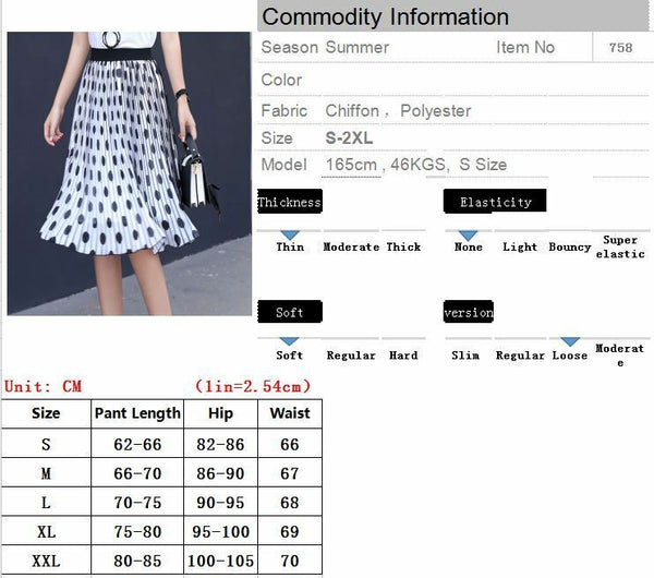 Billowing Hemline Pleated Chiffon Black Dot Elastic Waist Striped ALine OL Skirt