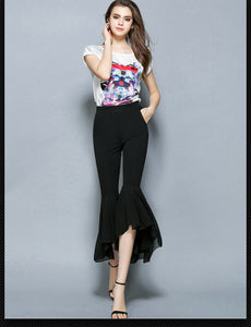 Chiffon Women Bell Bottom Pants Pockets Slim Elasticity Irregular Hem Summer