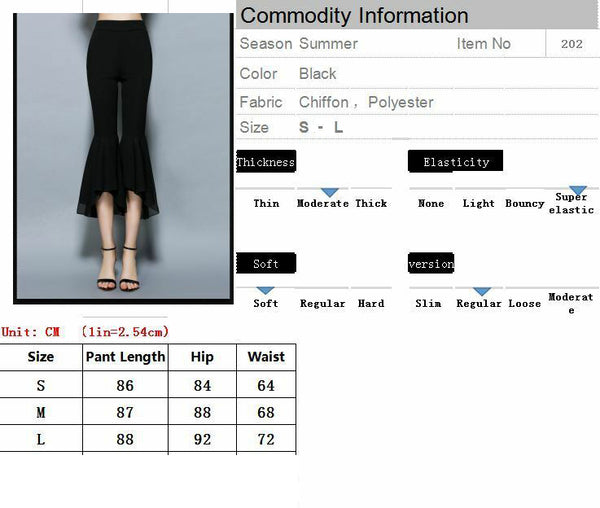 Chiffon Women Bell Bottom Pants Pockets Slim Elasticity Irregular Hem Summer