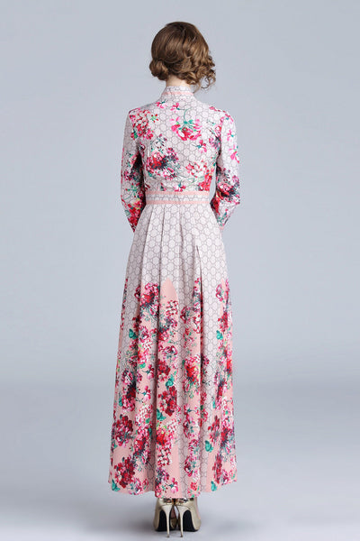 Spring Fall Elegant Runway Floral Printed Tie Neck Empire Long Sleeve Dresses