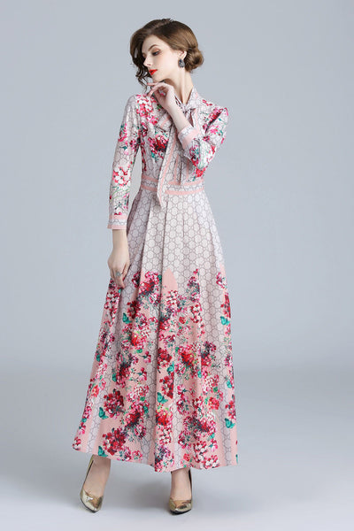 Spring Fall Elegant Runway Floral Printed Tie Neck Empire Long Sleeve Dresses