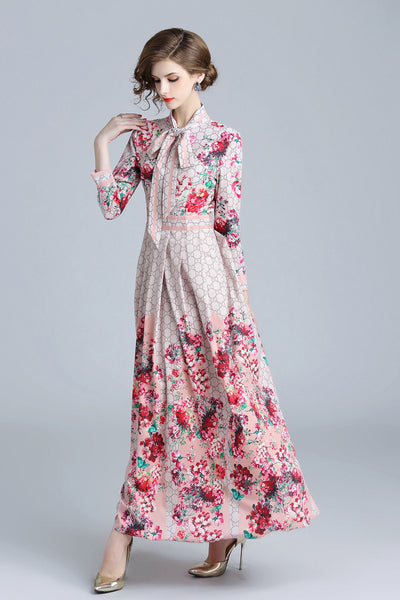 Spring Fall Elegant Runway Floral Printed Tie Neck Empire Long Sleeve Dresses