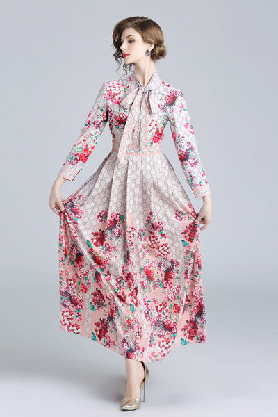 Spring Fall Elegant Runway Floral Printed Tie Neck Empire Long Sleeve Dresses