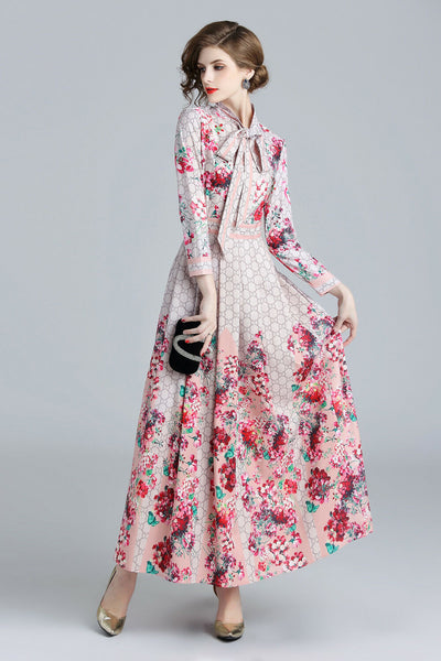 Spring Fall Elegant Runway Floral Printed Tie Neck Empire Long Sleeve Dresses