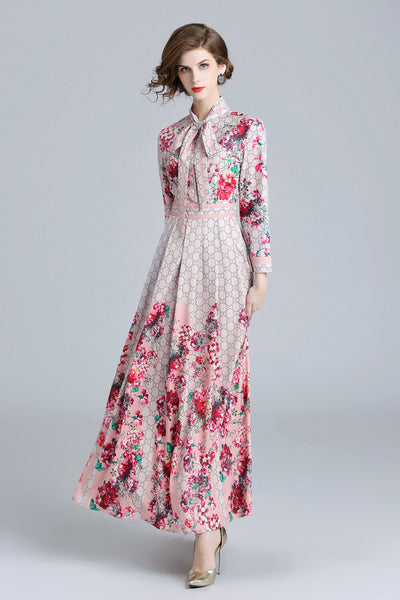 Spring Fall Elegant Runway Floral Printed Tie Neck Empire Long Sleeve Dresses