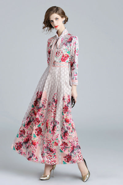 Spring Fall Elegant Runway Floral Printed Tie Neck Empire Long Sleeve Dresses