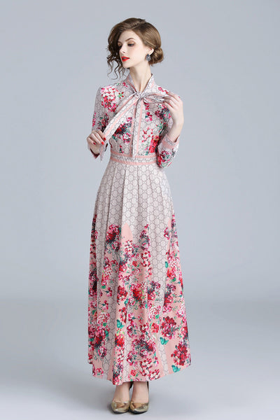 Spring Fall Elegant Runway Floral Printed Tie Neck Empire Long Sleeve Dresses