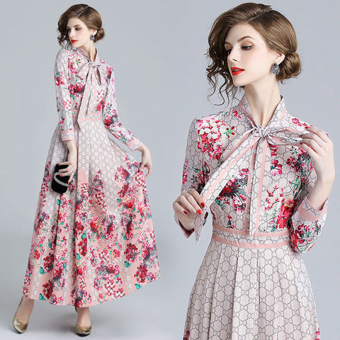 Spring Fall Elegant Runway Floral Printed Tie Neck Empire Long Sleeve Dresses