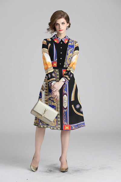 New Spring Fall Vintage Print Collar Geometric Empire Waist Women Casual Dresses