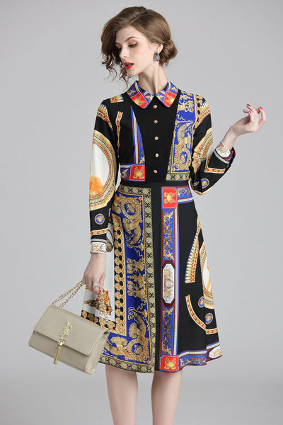 New Spring Fall Vintage Print Collar Geometric Empire Waist Women Casual Dresses