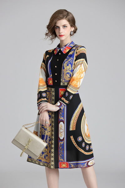 New Spring Fall Vintage Print Collar Geometric Empire Waist Women Casual Dresses