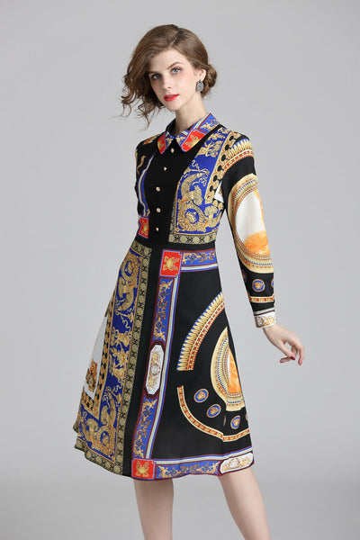 New Spring Fall Vintage Print Collar Geometric Empire Waist Women Casual Dresses