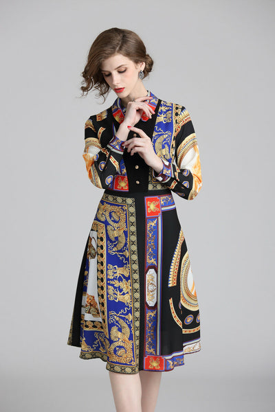 New Spring Fall Vintage Print Collar Geometric Empire Waist Women Casual Dresses