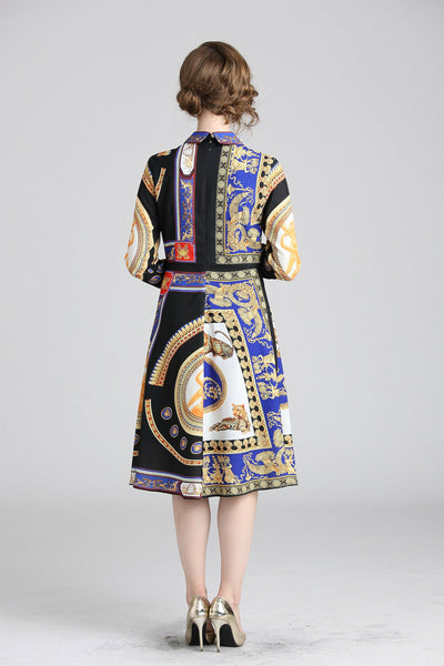 New Spring Fall Vintage Print Collar Geometric Empire Waist Women Casual Dresses