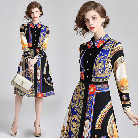 New Spring Fall Vintage Print Collar Geometric Empire Waist Women Casual Dresses