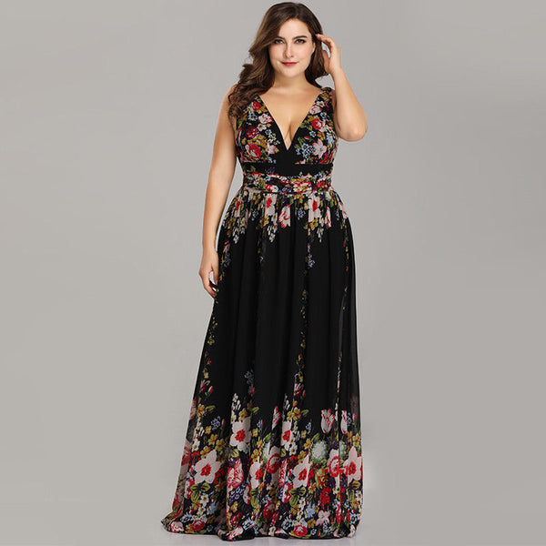 Pretty Extra Plus Size Formal V Shape Neckline Floral Cocktail Party Dresses