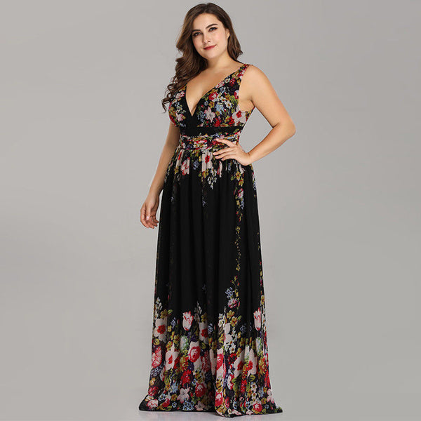 Pretty Extra Plus Size Formal V Shape Neckline Floral Cocktail Party Dresses