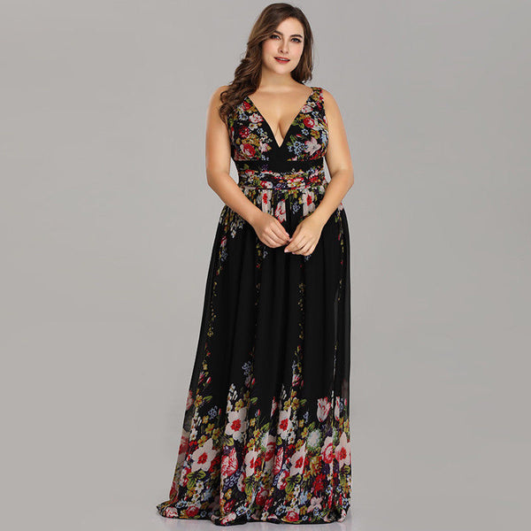 Pretty Extra Plus Size Formal V Shape Neckline Floral Cocktail Party Dresses
